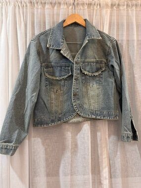 Vintage Wash Cropped Denim Jacket with Distressed Details , size M or L